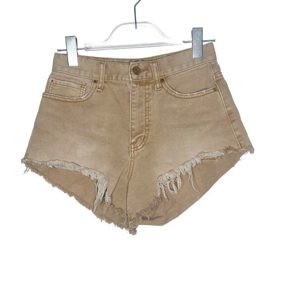BDG by URBAN OUTFITTERS Cheeky High Rise Denim Shorts Frayed Hem Beige Size 26 - Picture 5 of 9